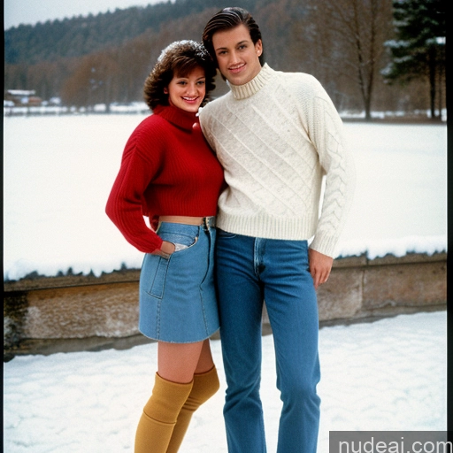 related ai porn images free for Woman + Man Gold Jewelry 30s Brunette Bangs Italian Snow Front View Vintage 80s Sweater Thong Jeans High Socks High Heels