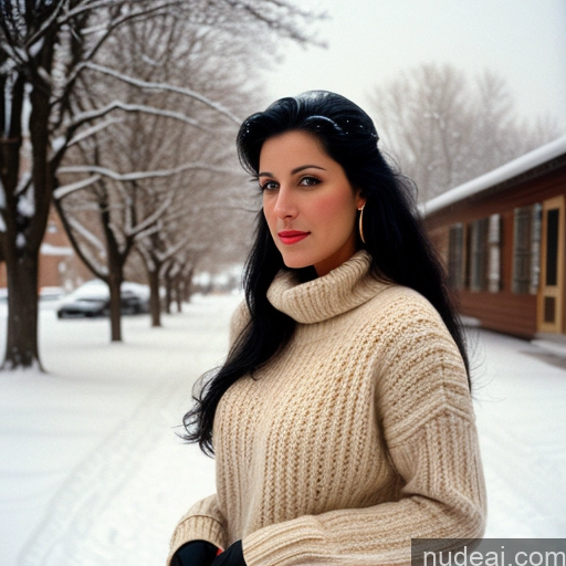 related ai porn images free for Woman Gold Jewelry 30s Black Hair Long Hair Italian Vintage Snow Front View 80s Sweater Jeans Stockings Thong Boots