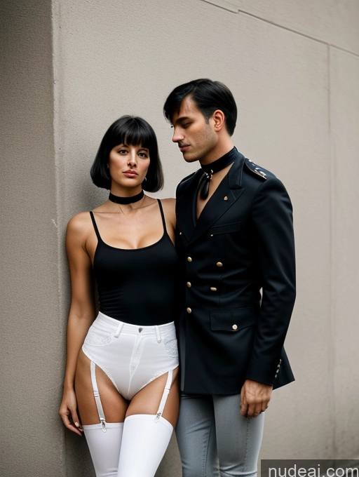 related ai porn images free for Woman + Man Two 50s Black Hair Bangs Italian Black And White Street Front View 70s Chemise Choker Military Thong Jeans Stockings Boots