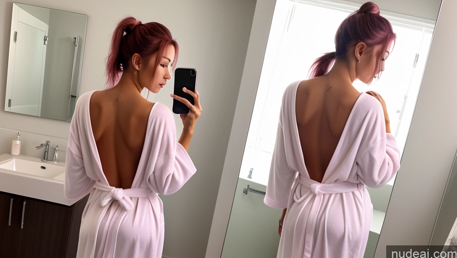 related ai porn images free for Woman One Tanned Skin Perfect Body Perfect Boobs 18 Seductive Korean Mirror Selfie Bathroom Front View Bright Lighting Detailed Pink Hair Ponytail Bathrobe Transparent