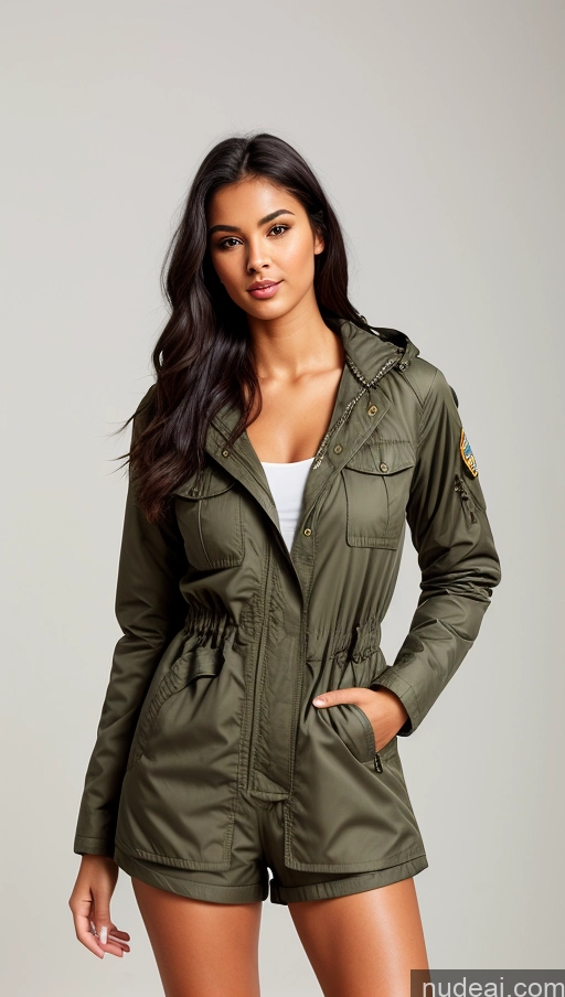 related ai porn images free for Woman One Beautiful Busty Perfect Body 18 Black Hair Brazilian Military Jumpsuit Detailed Front View Parka Shirt Jacket Chemise Tunic