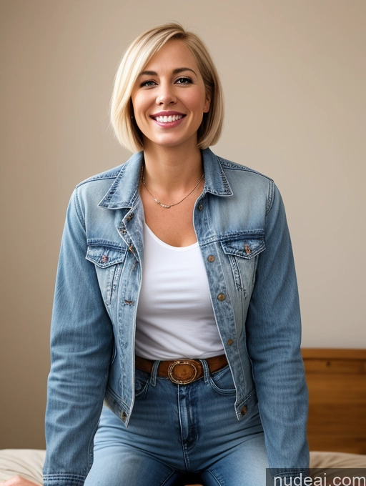 related ai porn images free for Woman Beautiful 30s Happy Blonde Short Hair White Front View Straddling Jeans Jacket