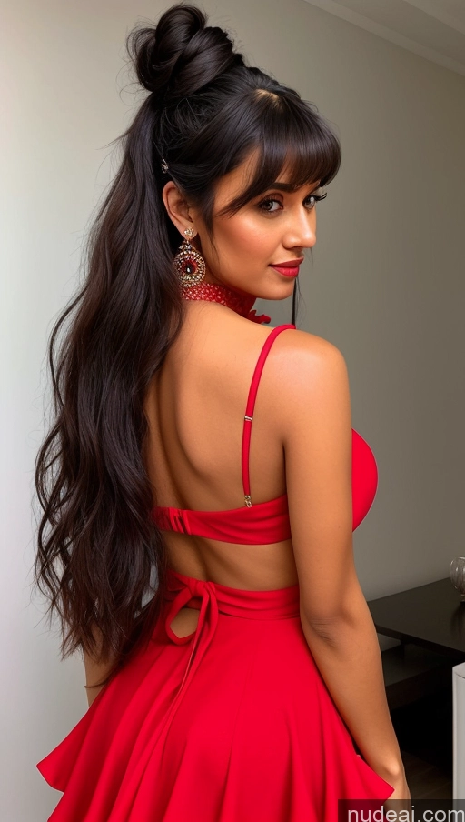 Aamira, Long Hair, Bangs Pinned Back, Topknot, Forehead, Choker, Bare Shoulder, Cleavage, Red Dress, Frilled Dress, Bow, Sleeveless