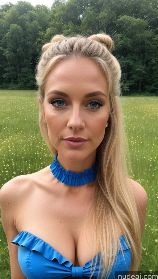 Aamira, Long Hair, Bangs Pinned Back, Topknot, Forehead, Choker, Bare Shoulder, Cleavage, Red Dress, Frilled Dress, Bow, Sleeveless German Blonde Meadow Miss Universe Model 50s Deep Blue Eyes