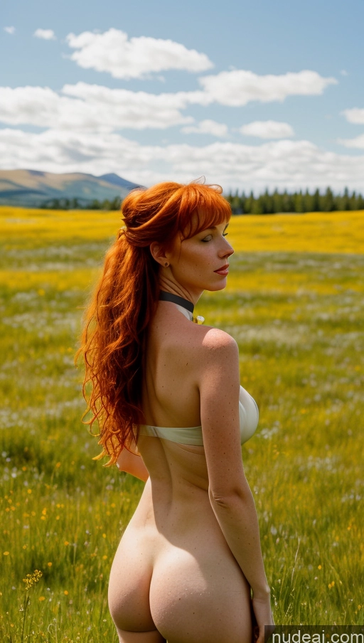 Meadow Aamira, Long Hair, Bangs Pinned Back, Topknot, Forehead, Choker, Bare Shoulder, Cleavage, Red Dress, Frilled Dress, Bow, Sleeveless Irish Ginger