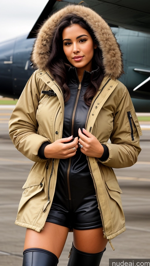 related ai porn images free for Woman One Busty Beautiful Perfect Body 18 Seductive Sexy Face Black Hair Brazilian Close-up View Parka Pilot Jumpsuit Boots Detailed