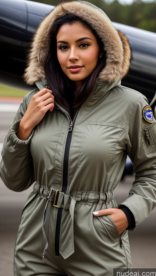 related ai porn images free for Woman One Busty Beautiful Perfect Body 18 Seductive Sexy Face Black Hair Brazilian Close-up View Parka Pilot Jumpsuit Boots Detailed