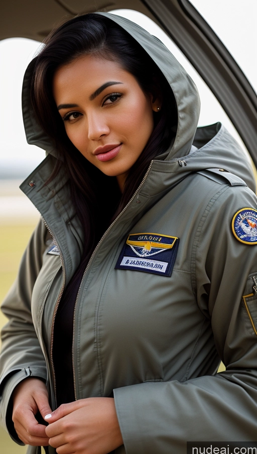 related ai porn images free for Woman One Busty Beautiful Perfect Body 18 Seductive Sexy Face Black Hair Brazilian Close-up View Parka Pilot Jumpsuit Boots Detailed