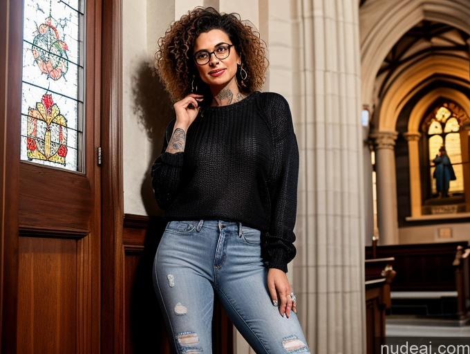 related ai porn images free for Woman Glasses Tattoos 50s Brunette Curly Hair Italian Church Front View 90s Sweater Transparent Jacket Thong Jeans High Socks High Heels