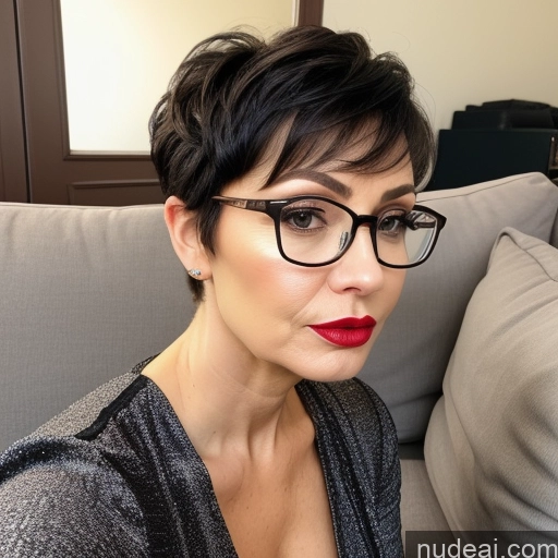 related ai porn images free for Czech Short Big Ass Busty Black Hair Pixie Jumpsuit Close-up View Glasses Lipstick 60s Couch Sad