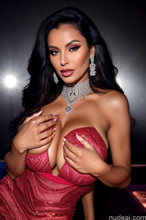 Milf Huge Boobs Lipstick Skinny 50s Serious Black Hair Long Hair Ethiopian Club Dress Diamond Jewelry Dark Lighting Alternative Haute Couture