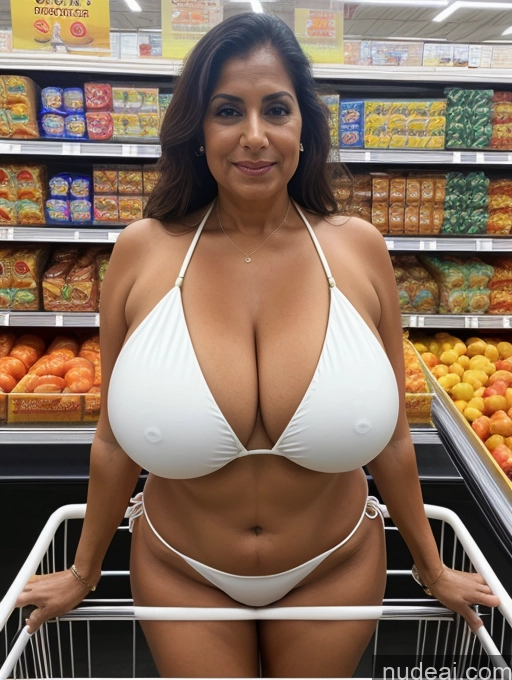 ai nude image of arafed woman in a white bikini posing in a grocery store pics of One Busty Huge Boobs Thick Tanned Skin Front View Microkini Thong 70s Indian Grocery