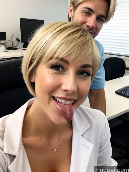 related ai porn images free for Beautiful Perfect Boobs Perfect Body Happy Blonde Jewelry German Lipstick 50s Lab Coat Short Hair Woman + Man Blowjob Office