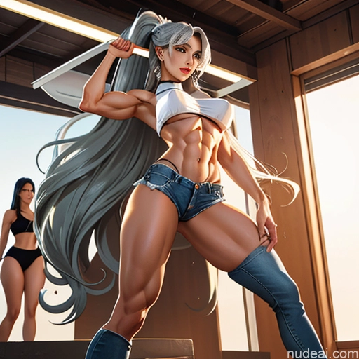 Woman Milf Two Huge Boobs Big Ass Abs Big Hips Long Legs Long Hair 20s 30s Orgasm Seductive Green Hair Bangs Spanish White Soft Anime Spreading Legs Front View Nude Topless Bright Lighting