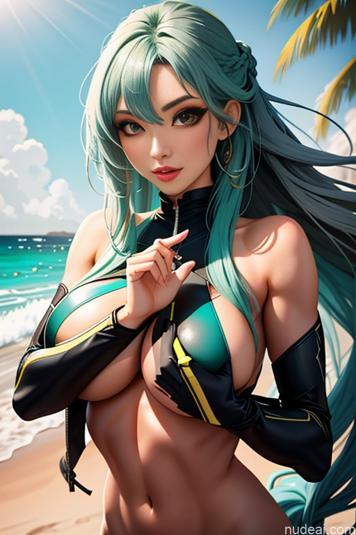 Woman Huge Boobs Big Ass Big Hips Long Hair Asian Several Detailed Milf Perfect Boobs Perfect Body 20s Ahegao One Green Hair Bangs Cyberpunk Beach Blowjob Nude