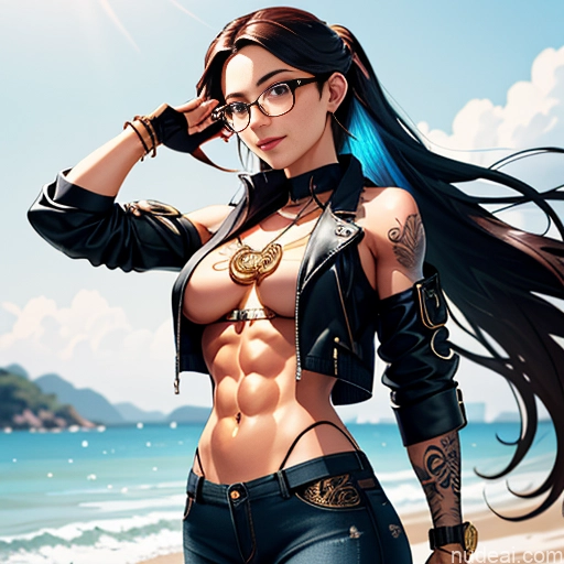 Long Hair Glasses Tattoos Abs Short 20s Happy Brunette Bar Front View Boots Gloves Leather Steampunk Jeans Jacket Gold Jewelry Shirt Soft Anime