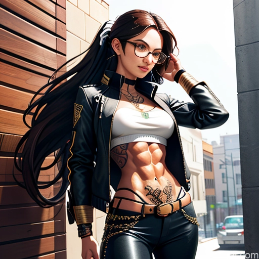 Soft Anime Short Long Hair Brunette 20s Steampunk Shirt Jeans Jacket Gloves Gold Jewelry Glasses Tattoos Abs