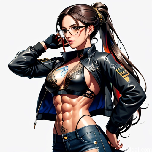 Soft Anime Short Long Hair Brunette 20s Steampunk Shirt Jeans Jacket Gloves Gold Jewelry Glasses Tattoos Abs Front View Bar