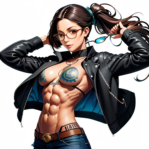 Soft Anime Short Long Hair Brunette 20s Steampunk Shirt Jeans Jacket Gloves Gold Jewelry Glasses Tattoos Abs