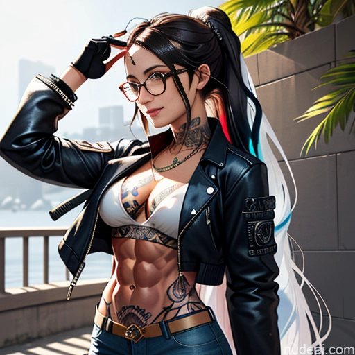 Soft Anime Short Long Hair Brunette 20s Steampunk Shirt Jeans Jacket Gloves Gold Jewelry Glasses Tattoos Abs Front View Bar Happy