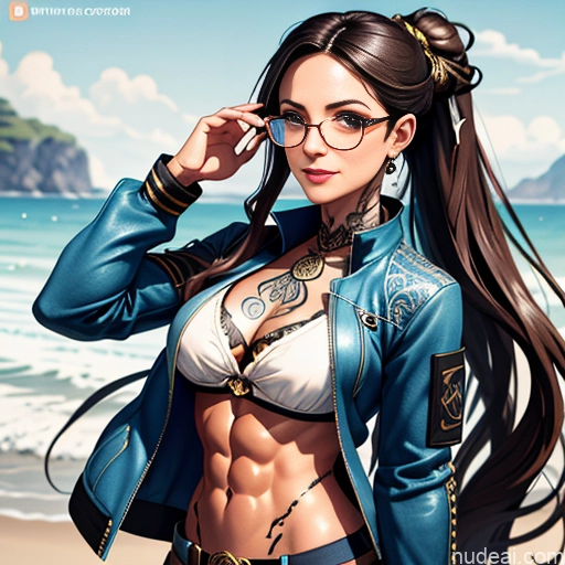 ai nude image of pics of Soft Anime Short Long Hair Brunette 20s Medieval Steampunk Shirt Jeans Jacket Gloves Gold Jewelry Glasses Tattoos Abs Happy Front View Sauna