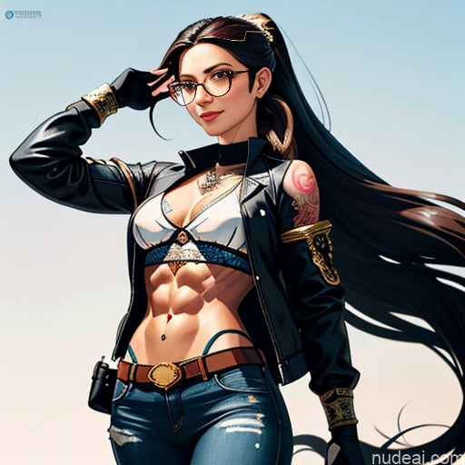 Soft Anime Short Long Hair Brunette 20s Medieval Steampunk Shirt Jeans Jacket Gloves Gold Jewelry Glasses Tattoos Abs Happy Front View Sauna