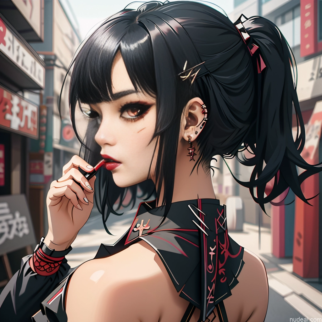 Asian School Uniform, Cleavage Cutout, Clothing Cutout, Pleated Skirt, Thighhighs Perfect Boobs Beautiful Lipstick Small Ass Gothic Punk Girl