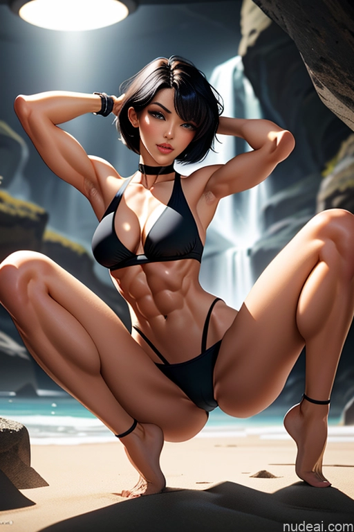 Woman Small Tits Beautiful Small Ass Skinny Abs Short Short Hair Fairer Skin Perfect Body 18 Orgasm Sexy Face Black Hair Bobcut Bangs Jewish White Soft + Warm Cave Front View Bikini Dark Lighting