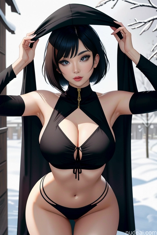 ai nude image of pics of Woman One Perfect Boobs Beautiful 18 Sexy Face Black Hair Bobcut Straight Asian Arabic Front View Big Ass Detailed Apron Snow