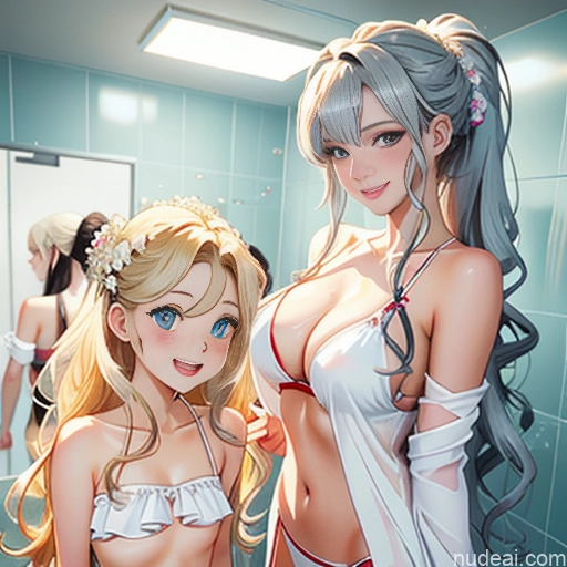 Woman Two Perfect Boobs Small Tits Small Ass Skinny Short Long Hair 18 Happy Blonde White Soft Anime Bathroom Changing Room Underwater Bathing Bathrobe Bikini One Piece Swimsuit Bright Lighting