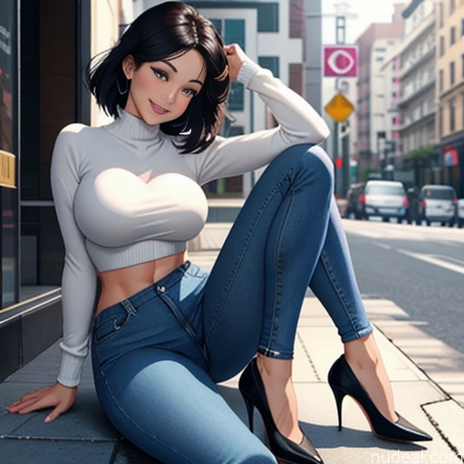 Perfect Boobs Beautiful Perfect Body 18 Happy Black Hair Bobcut Asian Soft + Warm Street Woman Milf Jacket High Heels Jeans Jumpsuit