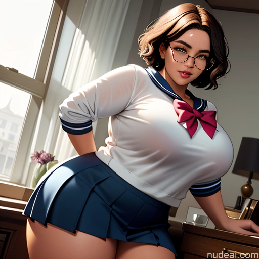 18 Short Hair Bows Shirt Sweater Sailor High Socks Long Skirt Bedroom Spreading Legs On Back Glasses Chubby