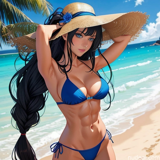 ai nude image of pics of Woman Model Athlete Busty Abs Tall Long Hair 18 Sexy Face Deep Blue Eyes Black Hair Hime Cut Beach Bikini Hat Sunglasses