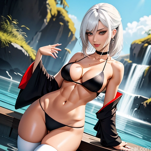 Woman One Perfect Body 20s Seductive White Hair Bangs Messy White Soft Anime Crisp Anime Black And White Onsen Front View Kimono Thigh Socks Panties Choker Cleavage