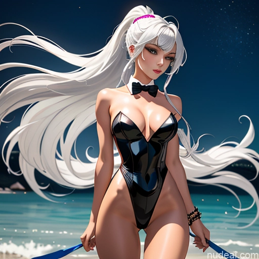 Woman One Playboy Bunny Woman Seductive Korean Casino Latex Pantyhose Bow Tie Soft Anime Crisp Anime Bangs Straight White Hair 20s Perfect Body Skinny Long Hair