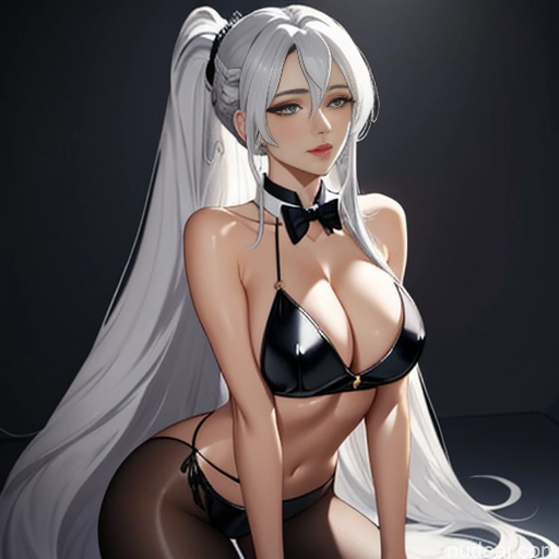 Woman One Playboy Bunny Woman Seductive Korean Casino Latex Pantyhose Bow Tie Soft Anime Crisp Anime Bangs Straight White Hair 20s Perfect Body Skinny Long Hair Perfect Boobs Pet Play