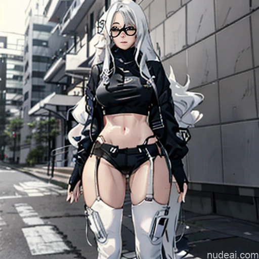 ai nude image of pics of Woman One Glasses Perfect Body Long Hair 20s Seductive White Hair Straight Bangs White Aogami Soft Anime Crisp Anime Tokyo Urban Samurai V2 Whale Tail (Clothing) Short Shorts Thigh Socks Crop Top Jacket