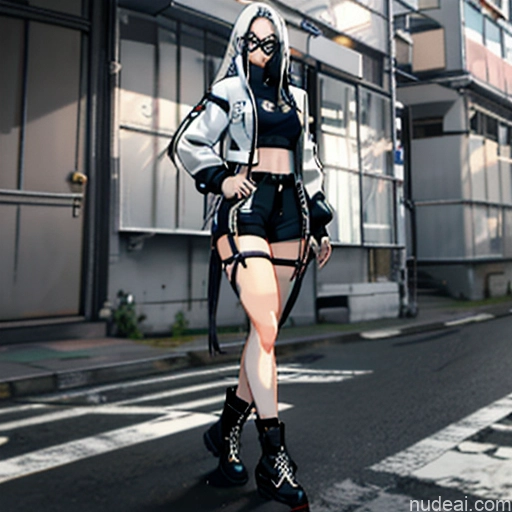 Woman One Glasses Perfect Body Long Hair 20s Seductive White Hair Straight Bangs White Aogami Soft Anime Crisp Anime Urban Samurai V2 Whale Tail (Clothing) Short Shorts Thigh Socks Crop Top Jacket