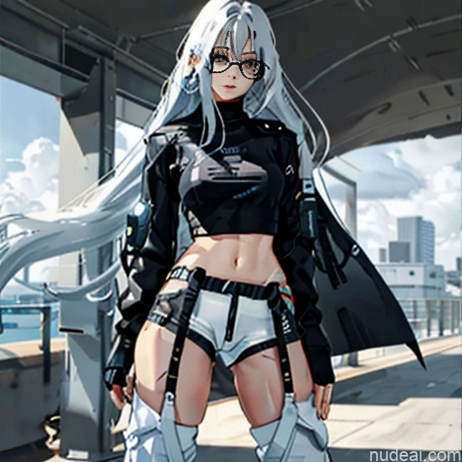 Woman One Glasses Perfect Body Long Hair 20s Seductive White Hair Straight Bangs White Aogami Soft Anime Crisp Anime Urban Samurai V2 Whale Tail (Clothing) Short Shorts Thigh Socks Crop Top Jacket Close-up View