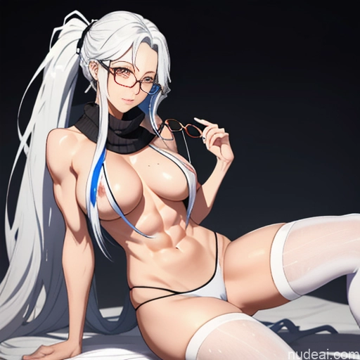 ai nude image of pics of Woman One Glasses Perfect Body Long Hair Reverse Upright Straddle 20s Seductive White Hair Ponytail Bangs White Soft Anime Crisp Anime Bedroom Virgin Killer Sweater V4 Thigh Socks