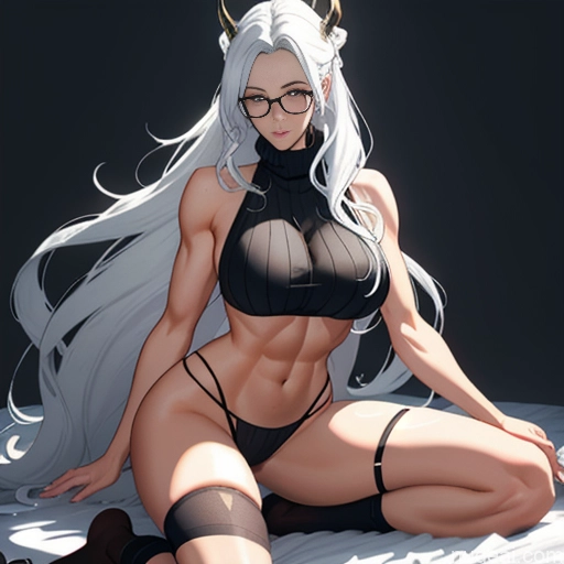 Woman One Glasses Perfect Body Long Hair Reverse Upright Straddle 20s Seductive White Hair Ponytail Bangs White Soft Anime Crisp Anime Bedroom Virgin Killer Sweater V4 Thigh Socks Skinny