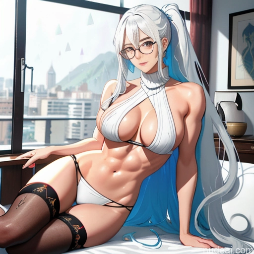 Woman One Glasses Perfect Body Long Hair 20s Seductive White Hair Ponytail Bangs White Soft Anime Crisp Anime Bedroom Virgin Killer Sweater V4 Thigh Socks Skinny