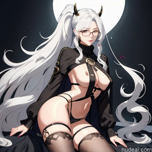 Woman One Glasses Long Hair 20s Seductive White Hair Bangs White Soft Anime Crisp Anime Bedroom Virgin Killer Sweater V4 Thigh Socks Skinny Straddling Messy