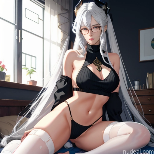 ai nude image of pics of Woman One Glasses Long Hair 20s Seductive White Hair Bangs White Soft Anime Crisp Anime Bedroom Virgin Killer Sweater V4 Thigh Socks Skinny Straddling Messy