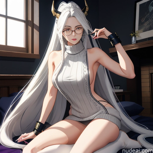 ai nude image of pics of Woman One Glasses Long Hair 20s Seductive White Hair Bangs White Soft Anime Crisp Anime Bedroom Virgin Killer Sweater V4 Thigh Socks Skinny Straddling Messy