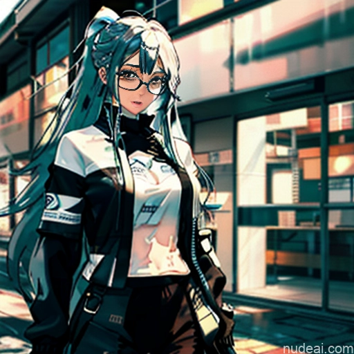 Woman One Skinny Long Hair Glasses 20s Seductive White Hair Straight Bangs White Soft Anime Crisp Anime Tokyo Close-up View Urban Samurai V2