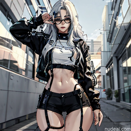 Woman One Skinny Long Hair Glasses 20s Seductive White Hair Straight Bangs White Close-up View Urban Samurai V2 Crop Top Jacket Short Shorts Whale Tail (Clothing) Thigh Socks