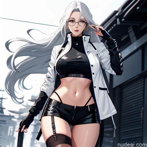 Woman One Skinny Long Hair Glasses 20s Seductive White Hair Straight Bangs White Close-up View Crop Top Jacket Short Shorts Whale Tail (Clothing) Thigh Socks Urban Samurai V1 Tokyo