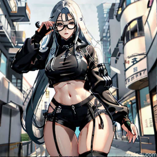 related ai porn images free for Woman One Skinny Long Hair Glasses 20s Seductive White Hair Straight Bangs White Close-up View Crop Top Jacket Short Shorts Whale Tail (Clothing) Thigh Socks Tokyo Urban Samurai V2