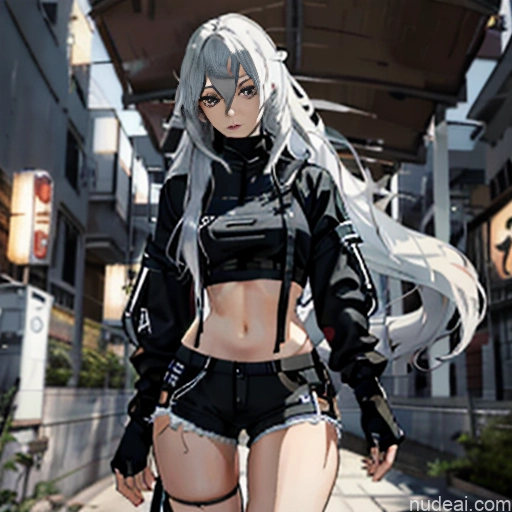 Woman One Skinny Long Hair 20s Seductive White Hair Straight Bangs White Close-up View Crop Top Jacket Short Shorts Whale Tail (Clothing) Thigh Socks Tokyo Urban Samurai V2